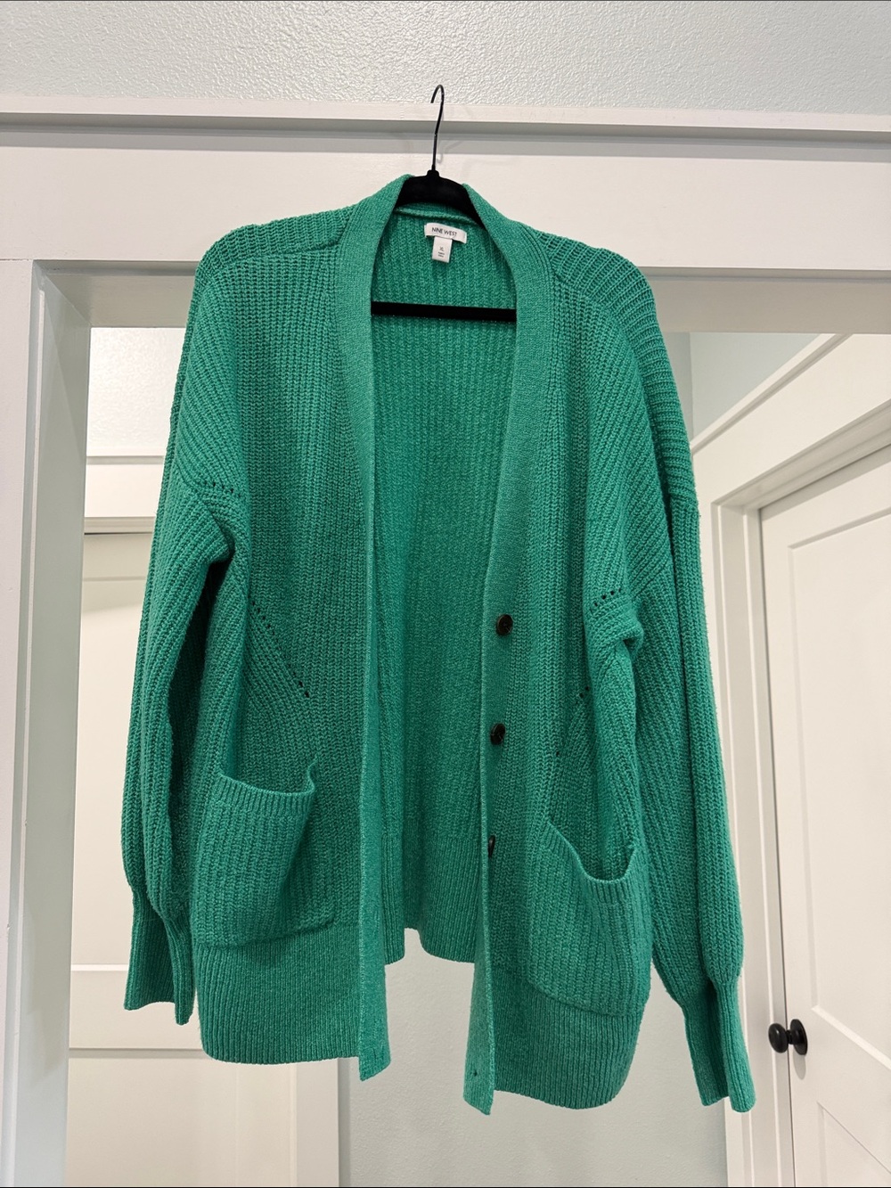 Nine West Teal Green Open-Front Button Cardigan